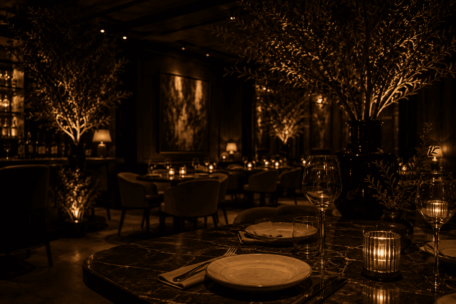 Candlelit tables in the TAVOLO dining room at night