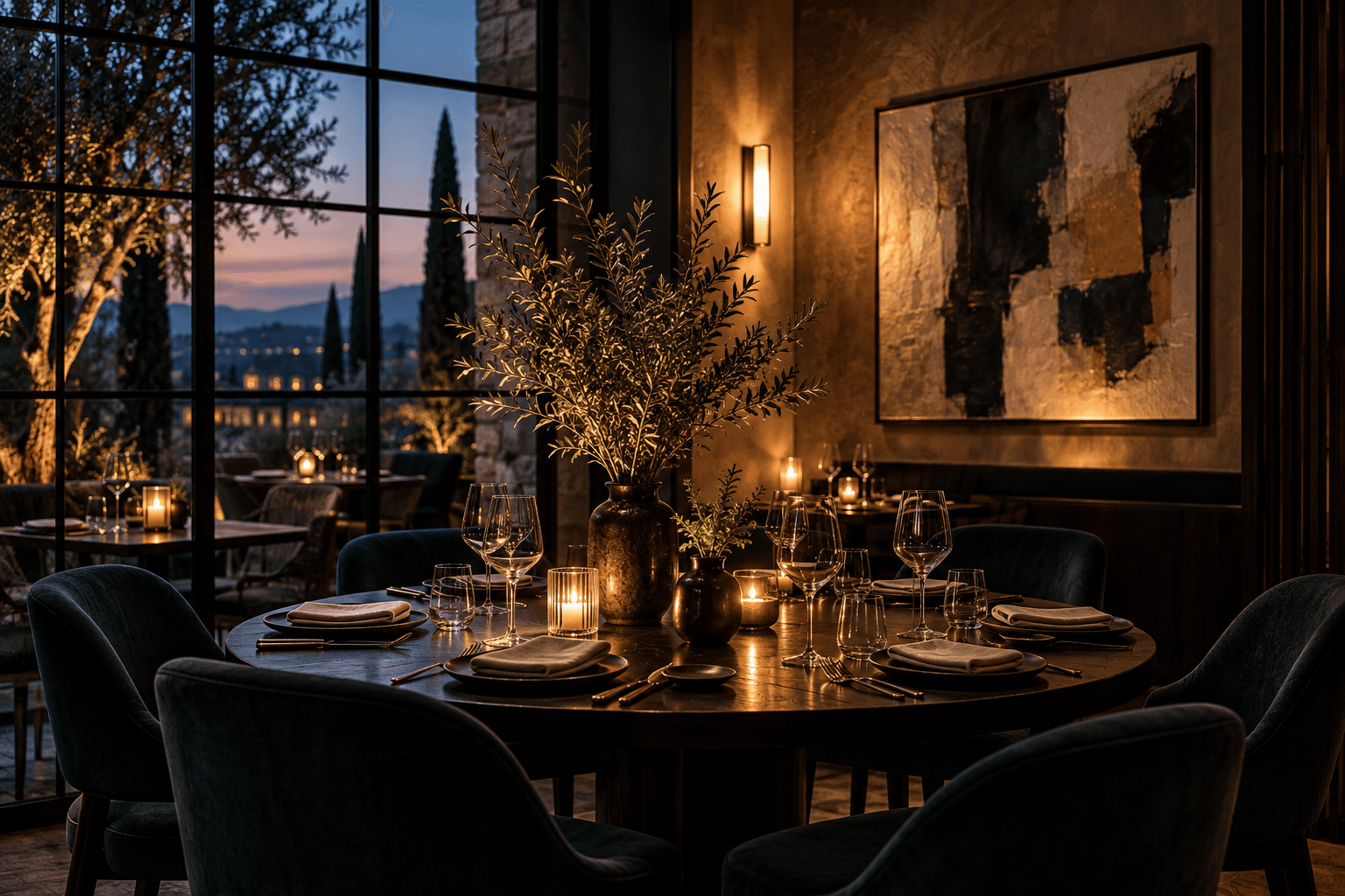 A round table laid for six beside the window at dusk, hills and cypresses beyond the glass