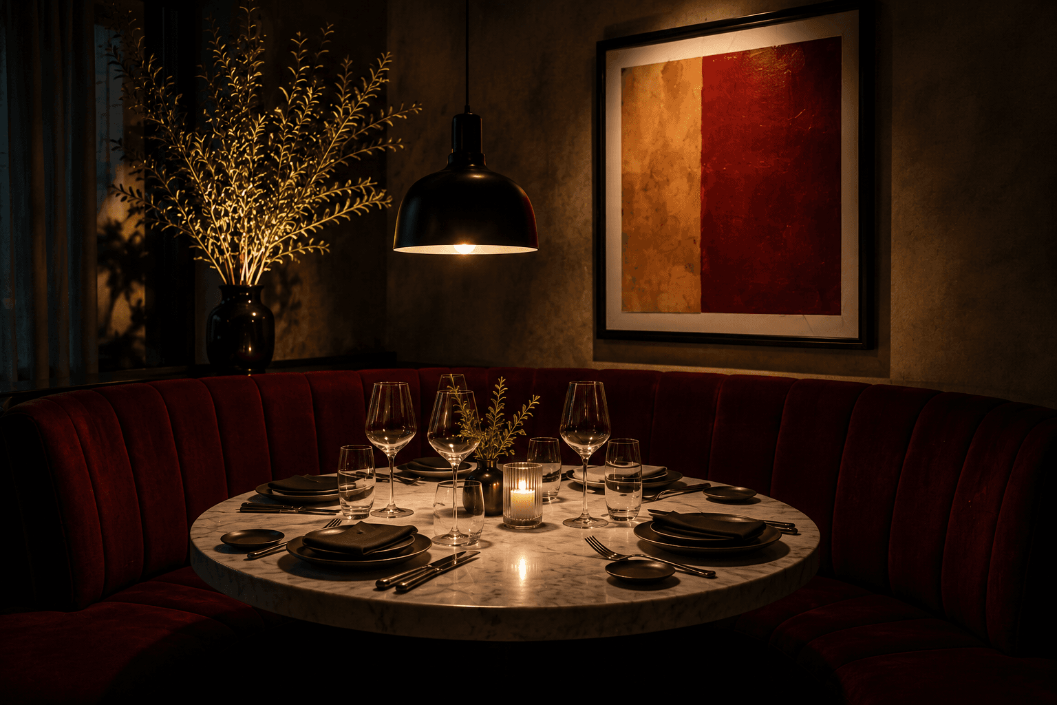 A curved velvet banquette around a marble table, lit by a single pendant