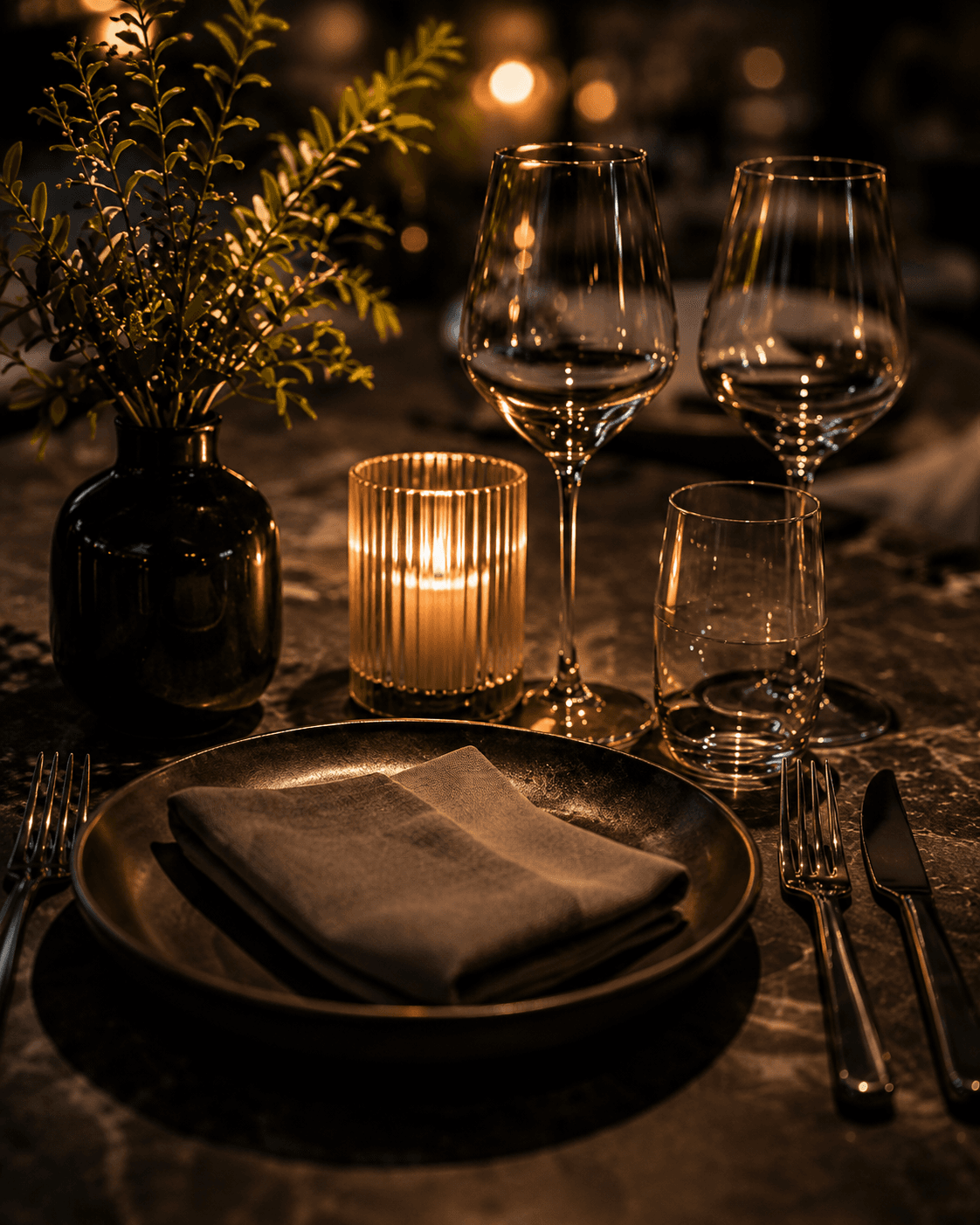 A place setting on marble: bronze plate, folded napkin, glasses and a lit candle