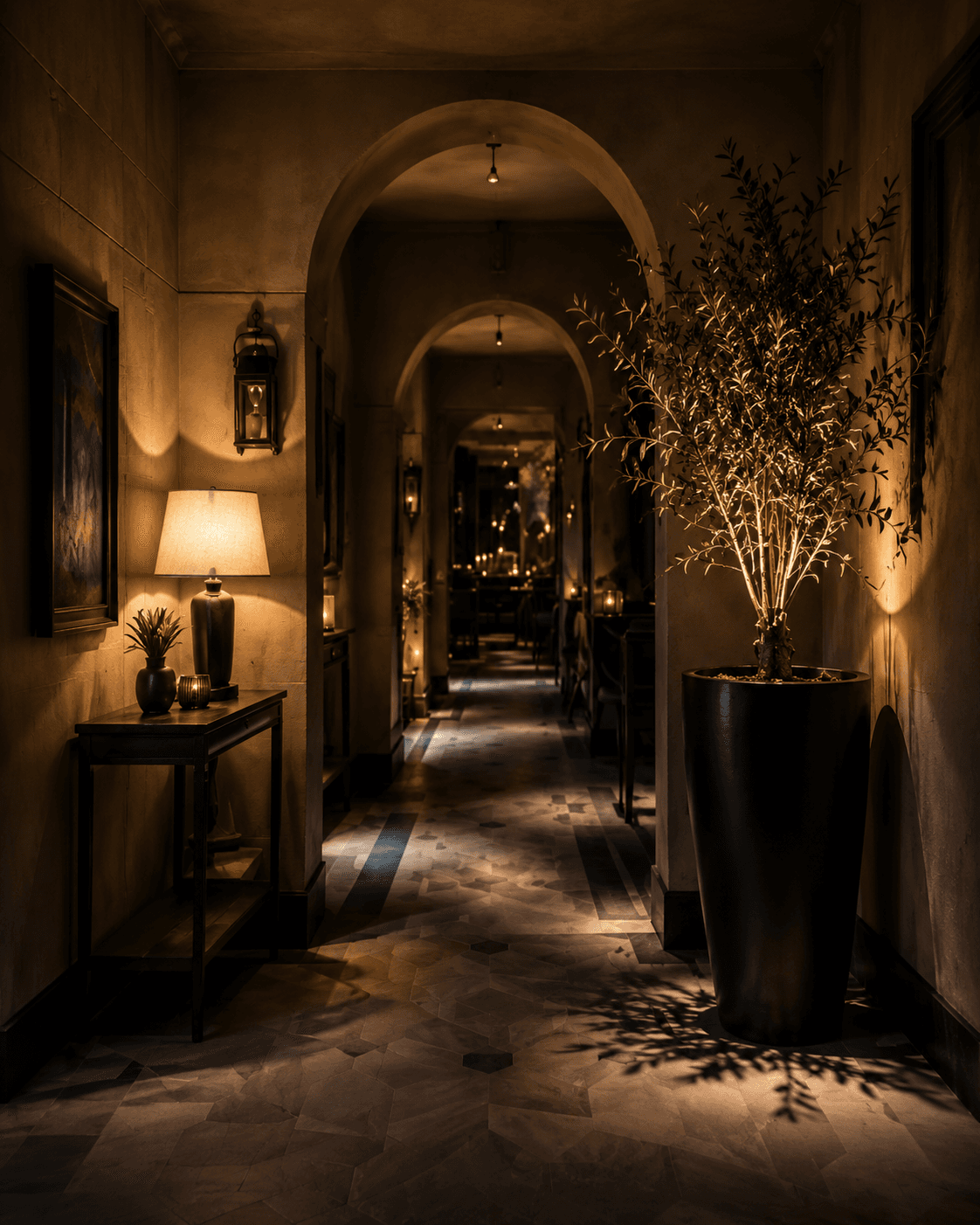 The arched corridor from the entrance through to the dining room, an olive tree beside it