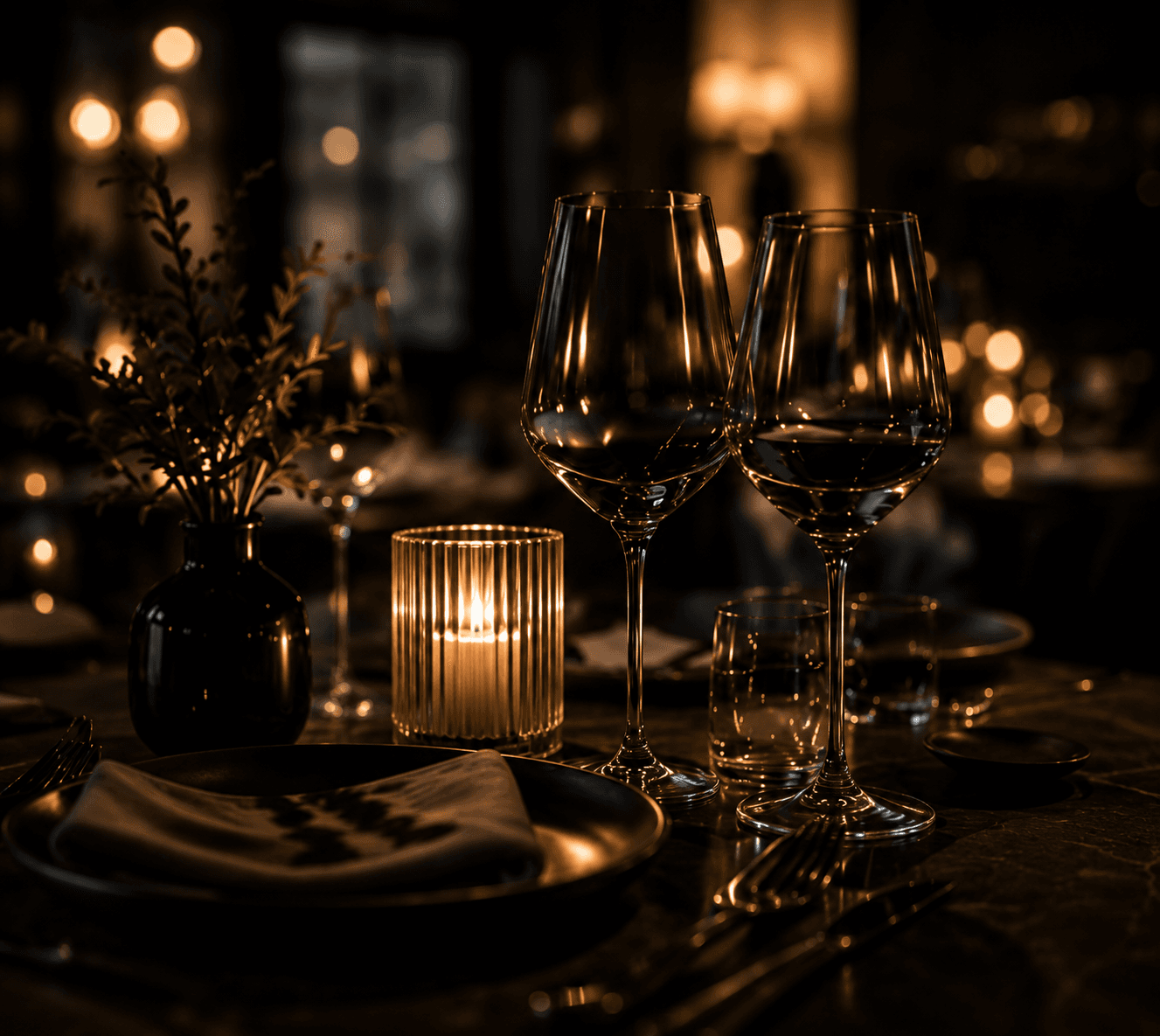 Two glasses of red wine on the table, the room behind them lit by candles