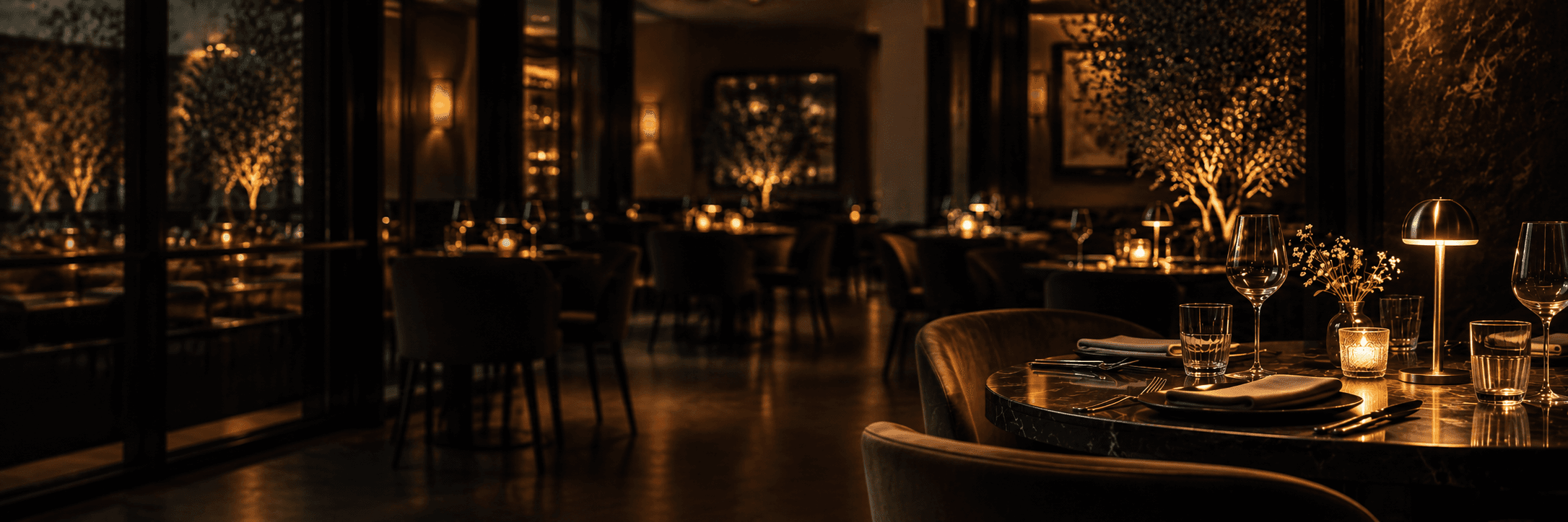Candlelit tables through the dining room, a table laid with glassware in the foreground