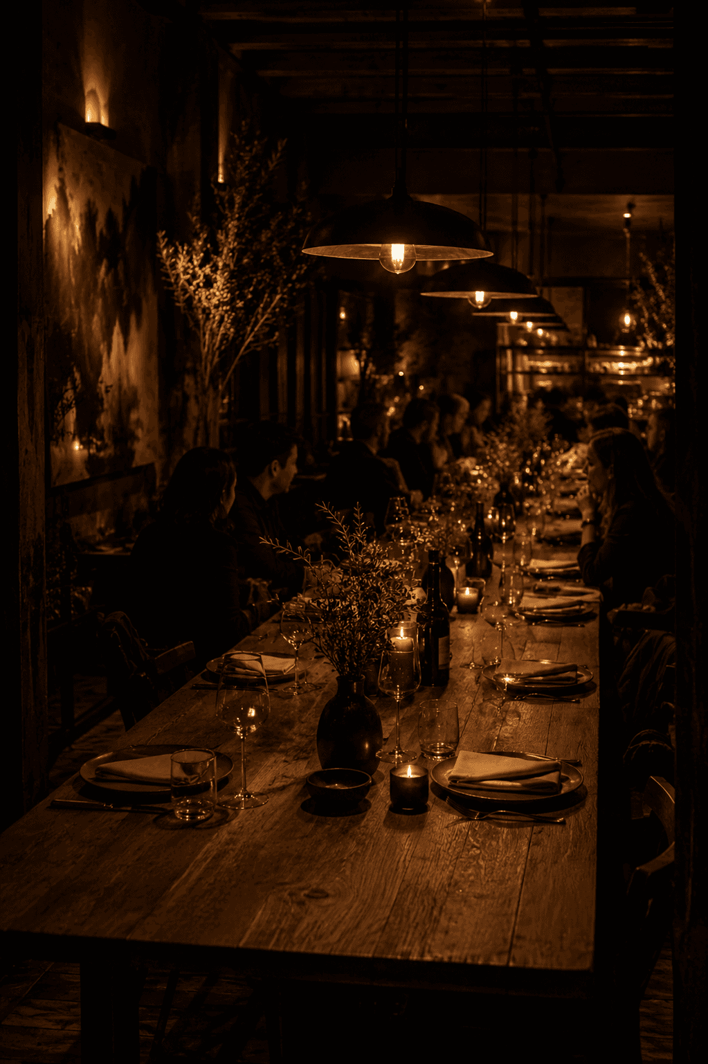 Guests gathered around a long table, mid-conversation