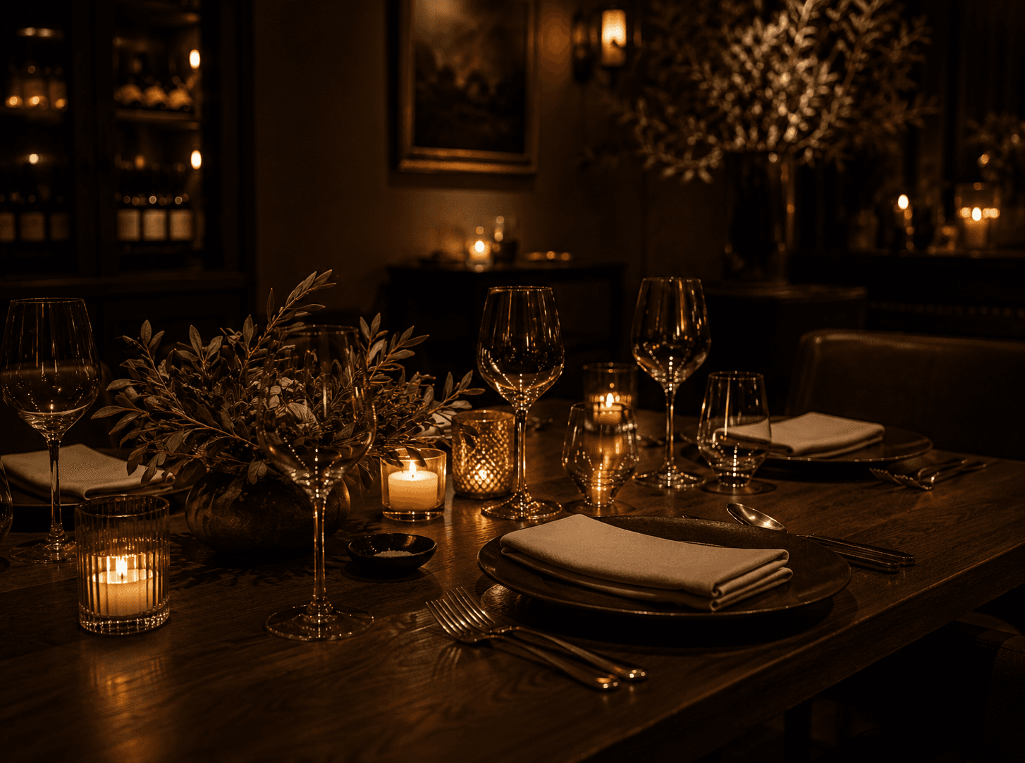 A long table laid for a group, candles and olive branches down its centre
