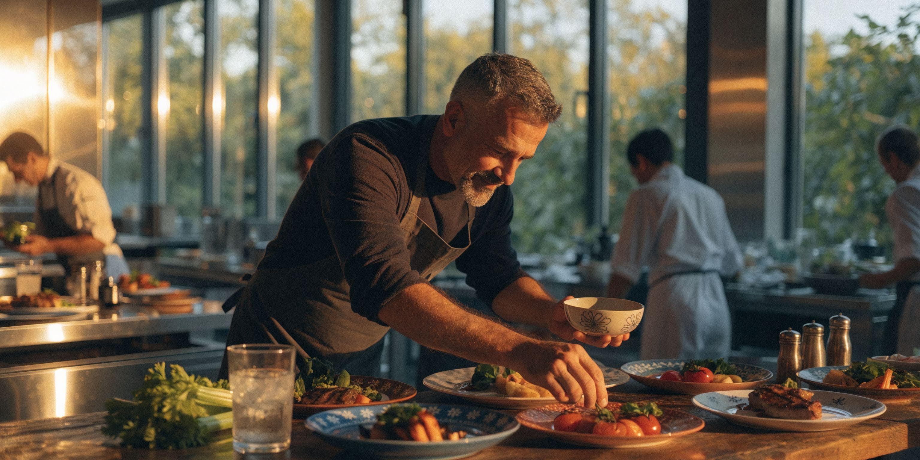 A cook plating dishes at the pass beside tall windows, the kitchen working behind him in evening light