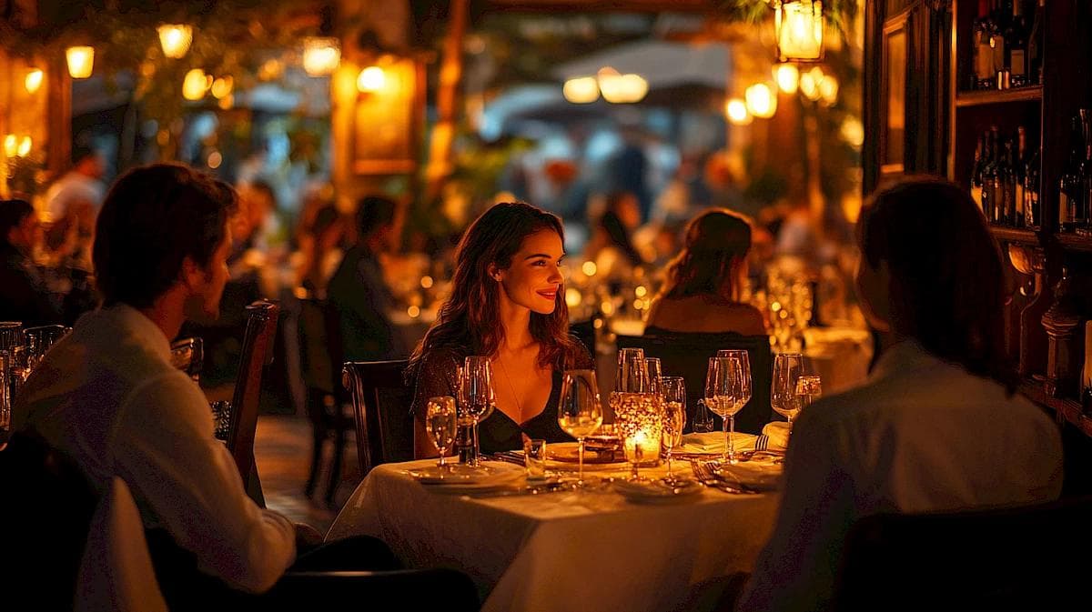 A full dining room in the evening, guests at candlelit tables under warm lamps