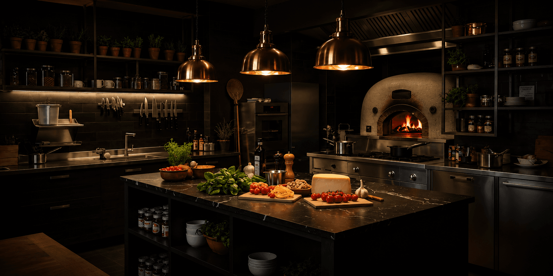 The kitchen before service: copper lamps over a marble island of produce, the wood oven lit behind